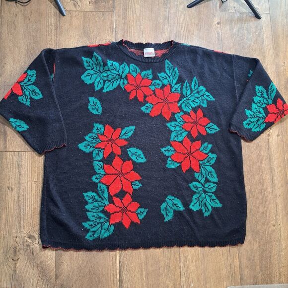 VTG 22W/24W Holiday Time Poinsettia Christmas Flower Ugly Sweater Party READ - Picture 1 of 5